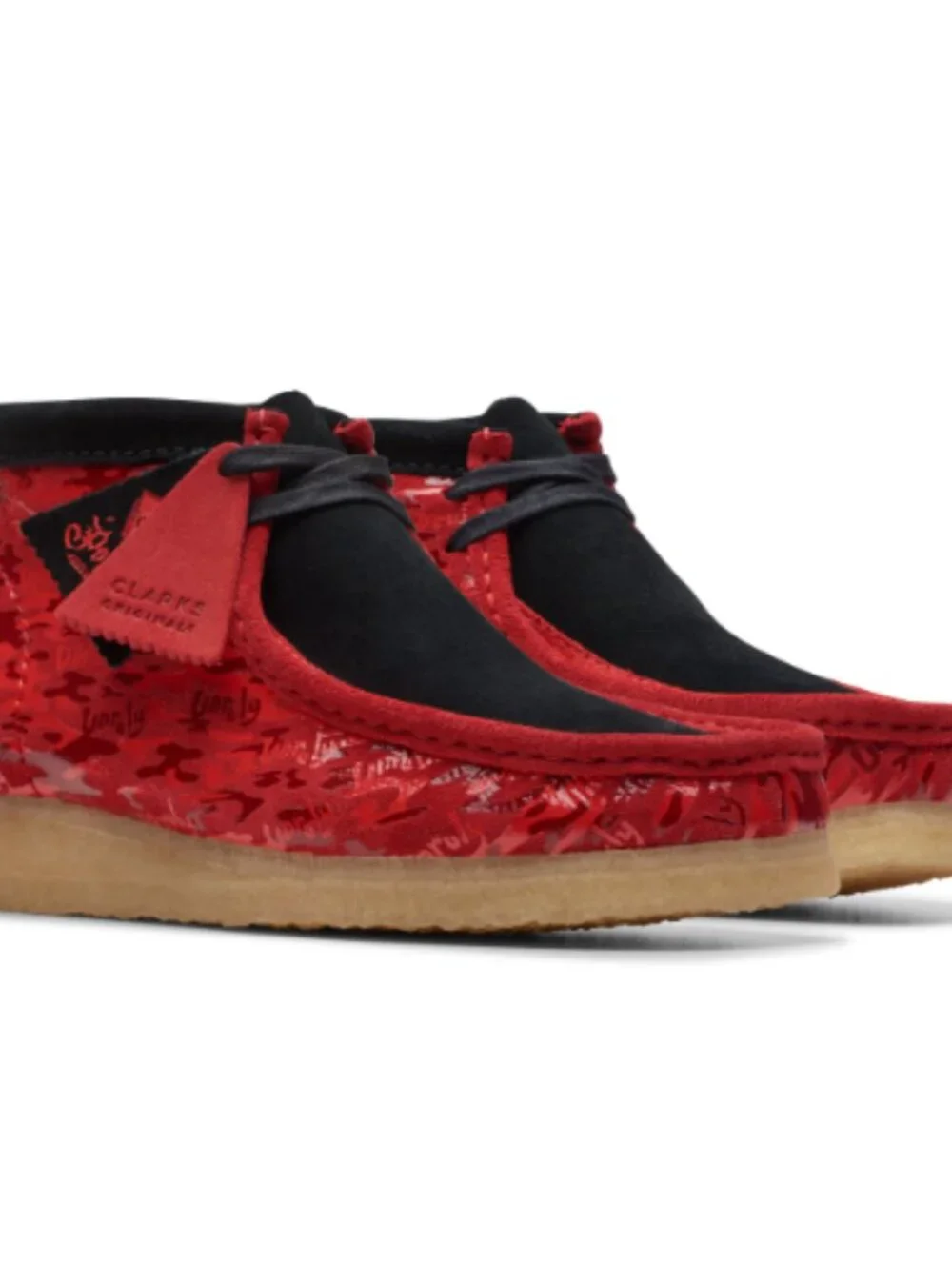 CLARKS Original Popcaan Collab Red Black Camouflage Wallabee Shoes